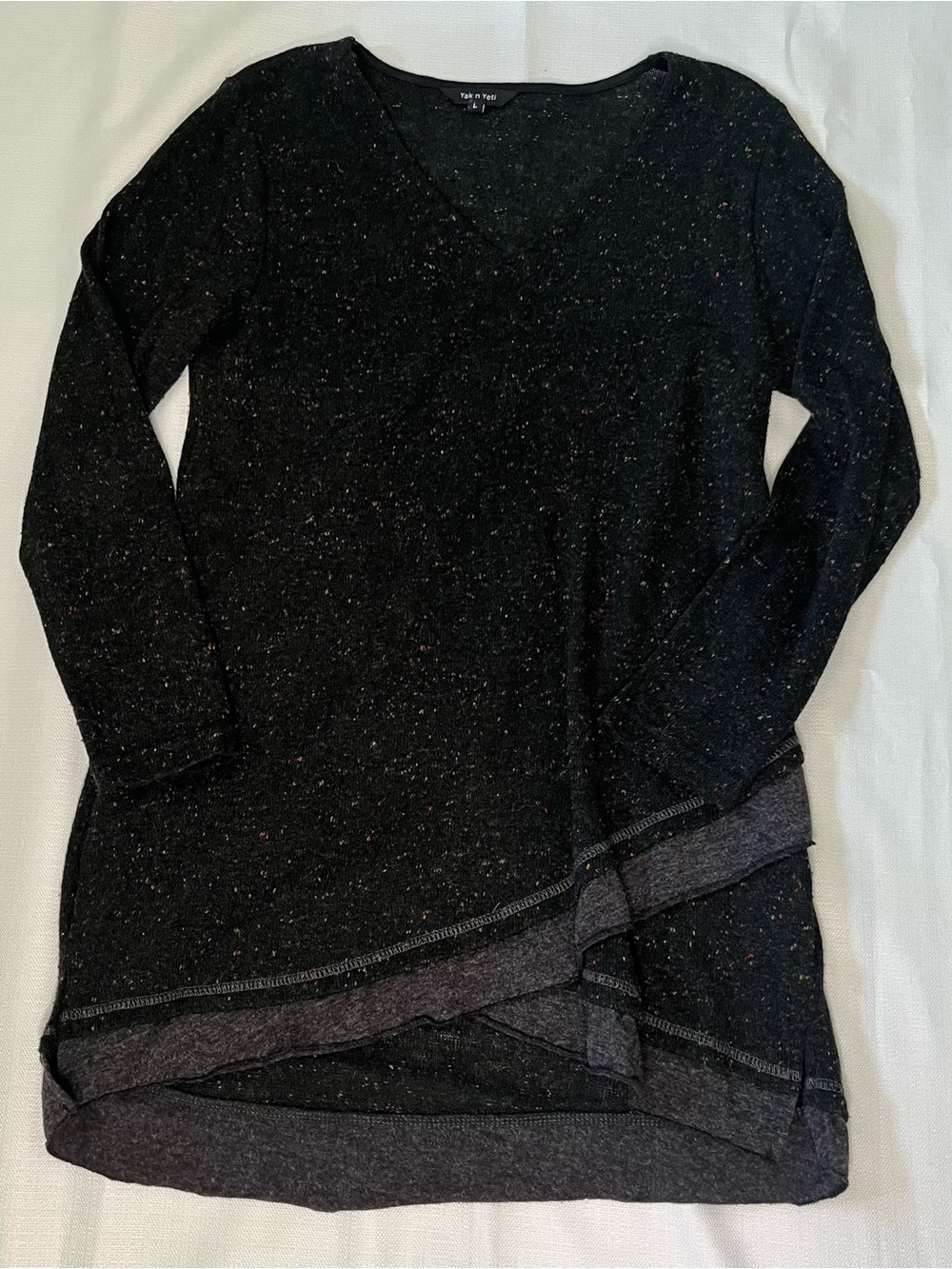 Yak n Yeti Black Speckled Tunic Sweater High Low Layered Hem Dark Academia